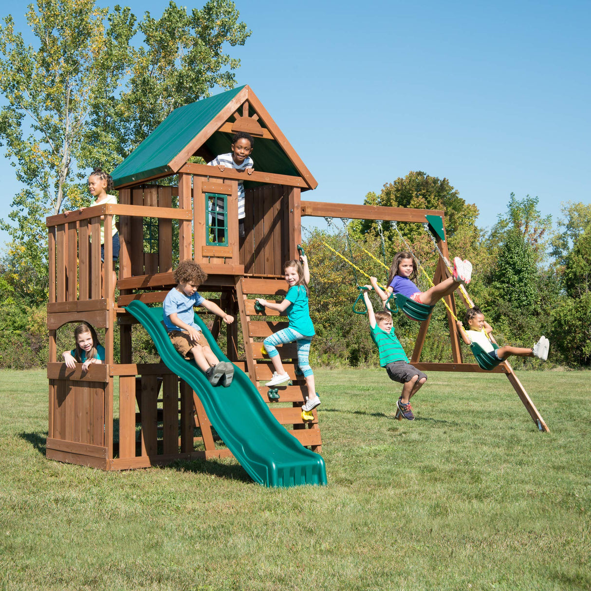 Swing-N-Slide WS 8357 Elkhorn Swing Set with Slide, Climbing Wall & Swings, Wood Swing-N-Slide