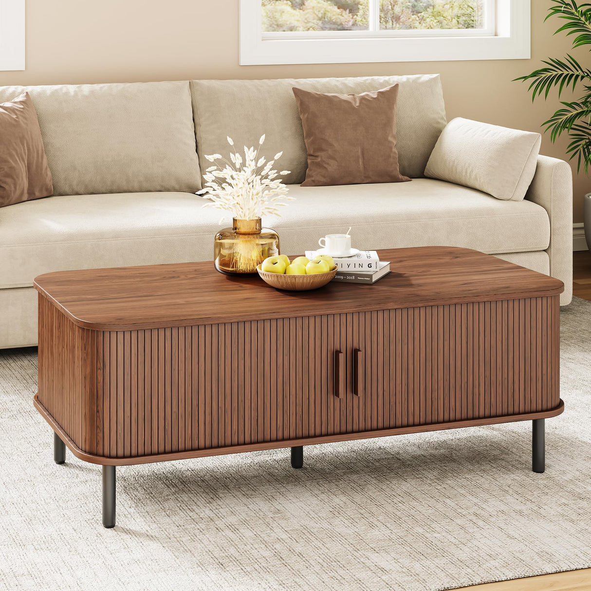Coffee Table with Storage, 47.2" Mid Century Modern Coffee Tables for Living Room, Rectangle Wood Center Table with Sliding Tambour Door & Adjustable Leg for Living Room, Walnut ONBRILL