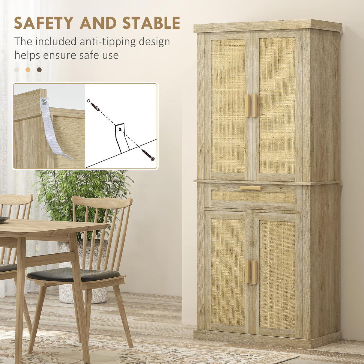 HOMCOM 72" Tall Kitchen Pantry Storage Cabinet, Rattan Freestanding Kitchen Cabinet with 4 Doors, Drawer, 5-Tier Shelf and Adjustable Shelves, Oak HOMCOM