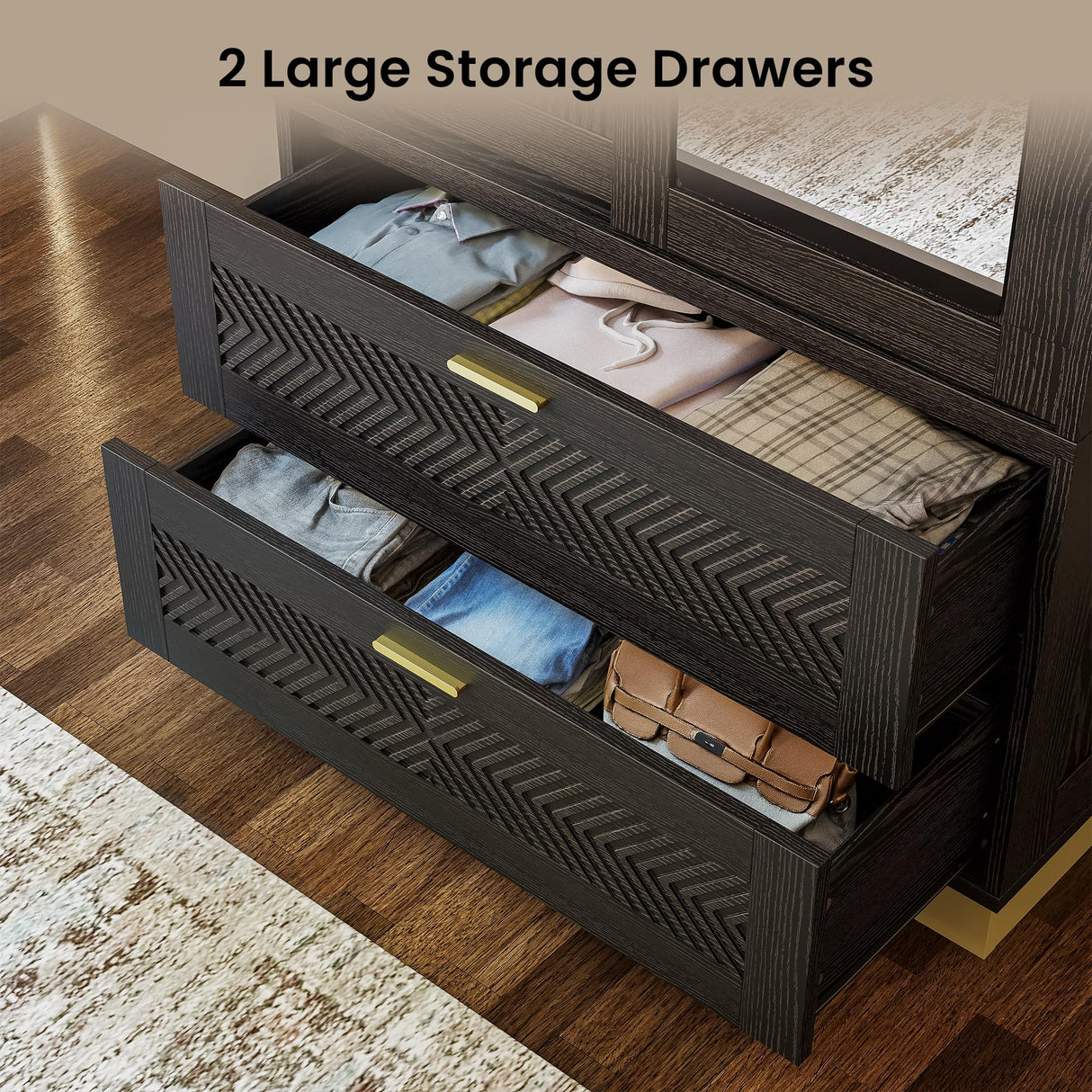 71" Modern Armoire Wardrobe Closet with Mirror, 2-Door Tall Wardrobe Closet with Sliding Doors 2 Large Drawers Hanging Rod Anti-Tip Kit Freestanding Closets for Bedroom, Apartment, Cloak Room ANCTOR