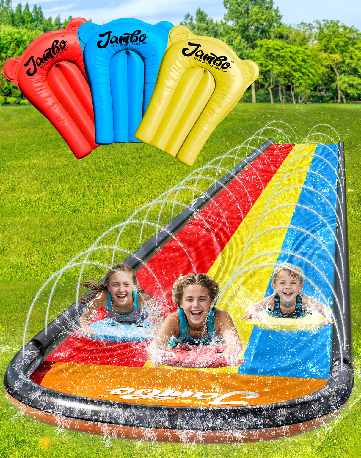 JAMBO 16Ft Premium 3 Lane Slip Splash and Slide with Bodyboards, Heavy Duty Water Slide- Advanced 3-Way Sprinkler System, Splash Mat Splash Pad Backyard Waterslide Outdoor Water Toys n Slides for Kids JAMBO