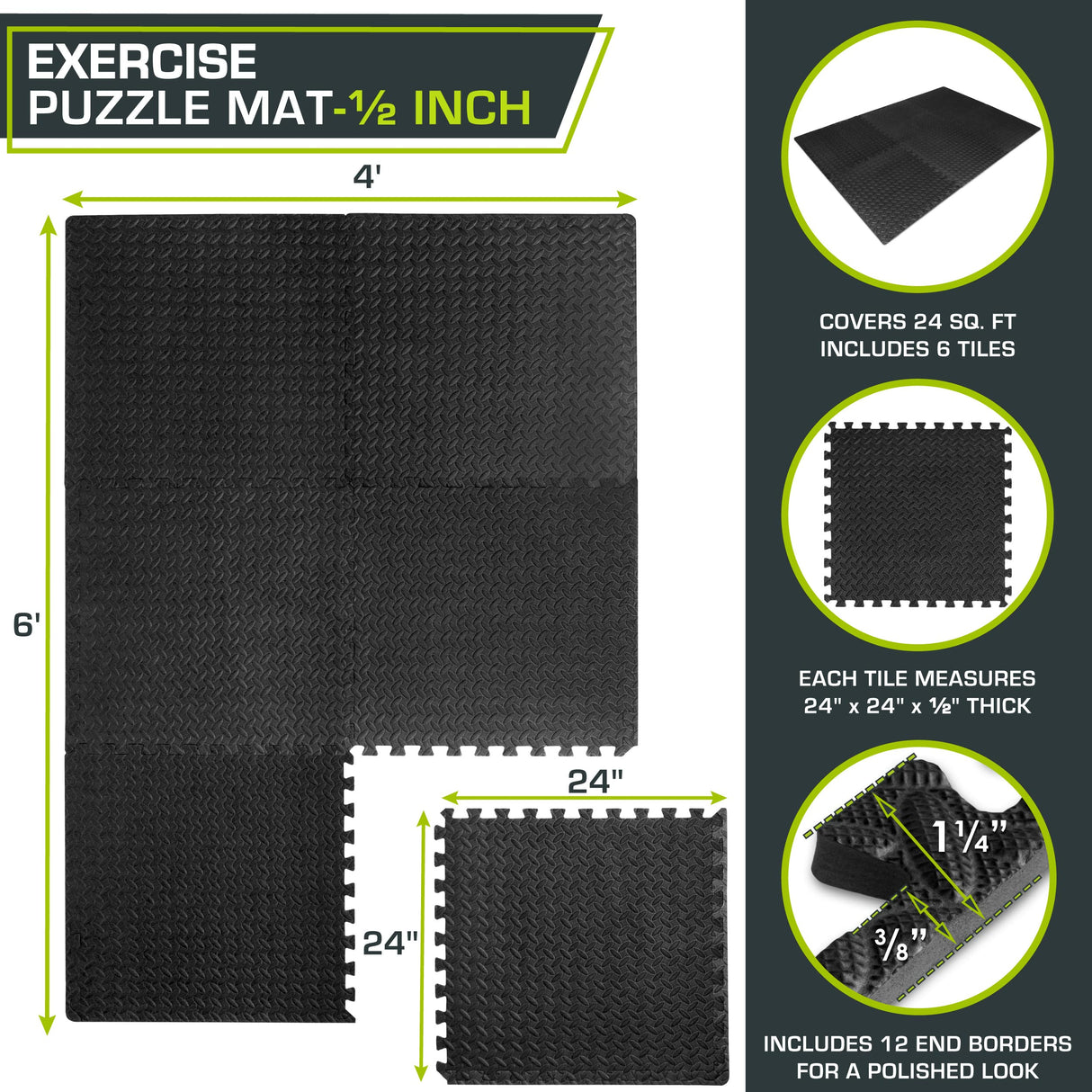 ProsourceFit Puzzle Exercise Mat ½ in, EVA Interlocking Foam Floor Tiles for Home Gym, Mat for Home Workout Equipment, Floor Padding for Kids, Black, 24 in x 24 in x ½ in, 24 Sq Ft - 6 Tiles ProsourceFit