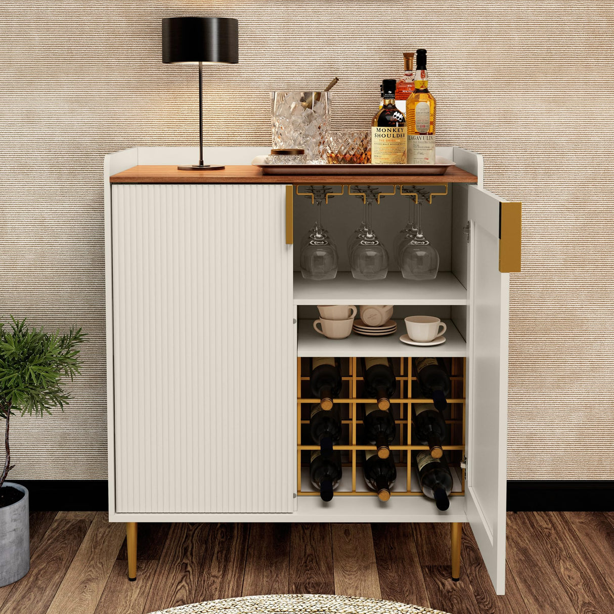 ARTPOWER Wine Bar Cabinet with Fluted Texture, Modern Coffee Cabinet with Wine Rack&Glass Holder, White Kitchen Buffet Sideboard, Freestanding Liquor Cabinet for Dining Room Living Room ARTPOWER