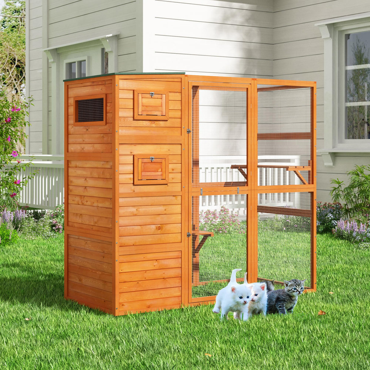 COZIWOW Large Wood Cat Catio, Outdoor Cat Enclosure with Weatherproof Roof, 2 Resting Rooms, 2 Platforms, 4-Tier Cat Playpen, Orange COZIWOW