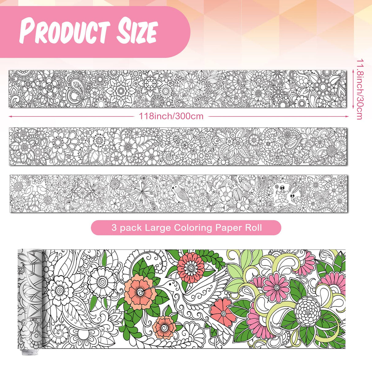 Colarr 3 Pack Giant Mandalas Coloring Posters 118 x 11.8 in Paper Jumbo Mandala Coloring Sheet Page Large Spring Flower Animal Drawing Banner for Kid Adult Home Classroom Wall Floor Art Craft Activity Colarr