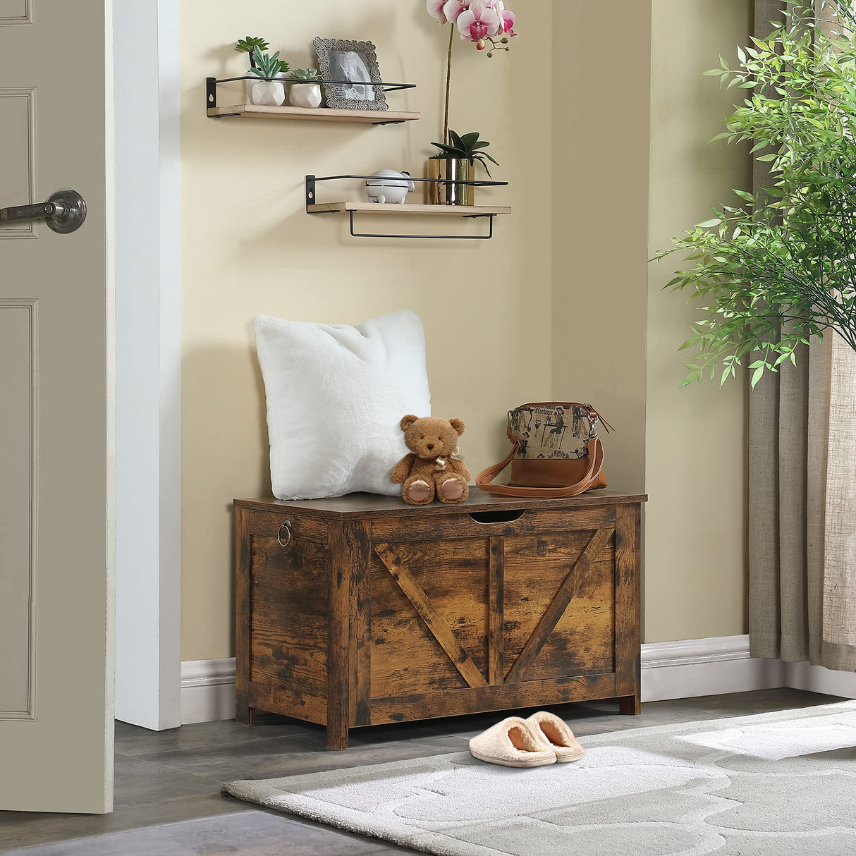 Kavonty Storage Chest, Storage Bench, Retro Toy Box Organizer with U-Shaped Cut-Out Pull, 29.5" L×15.7" W× 17.7”H, Entryway Storage Bench with 2 Hinges,Supports 300 lb, Easy Assembly, Rustic Brown Kavonty