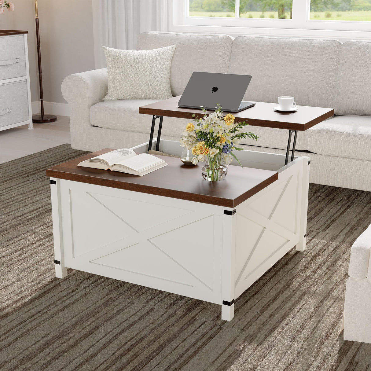 GarveeHome Hydraulic Lift Top Coffee Table with Hidden Storage, Farmhouse Industrial Style Accent Table, Sturdy Wood & Metal Construction, Safe Lift Mechanism, for Living Room Office GarveeHome