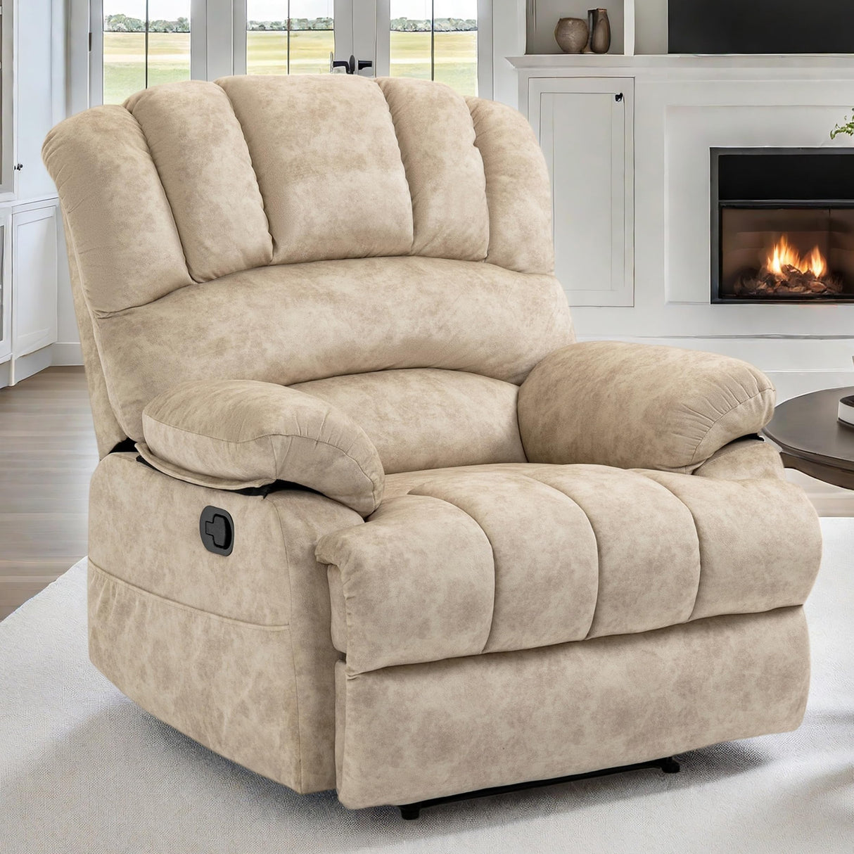 Luxlen Large Manual Recliner Chair,Soft Fabric Push Back Recliner with Overstuffed Armrest and Backrest, Living Room Single Sofa Recliners,Beige Luxlen