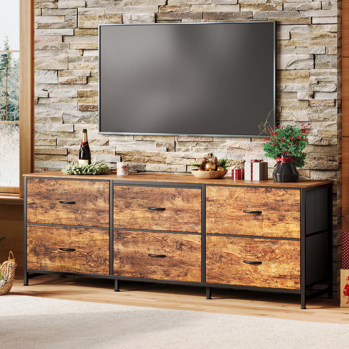 Huuger 63 Inch Long Dresser for Bedroom, Wide TV Stand for 55, 65, 70 Inch TV, 6 Drawer Dresser for Closet with Fabric Drawers, Storage Organizer for Bedroom, Entryway, Rustic Brown Huuger