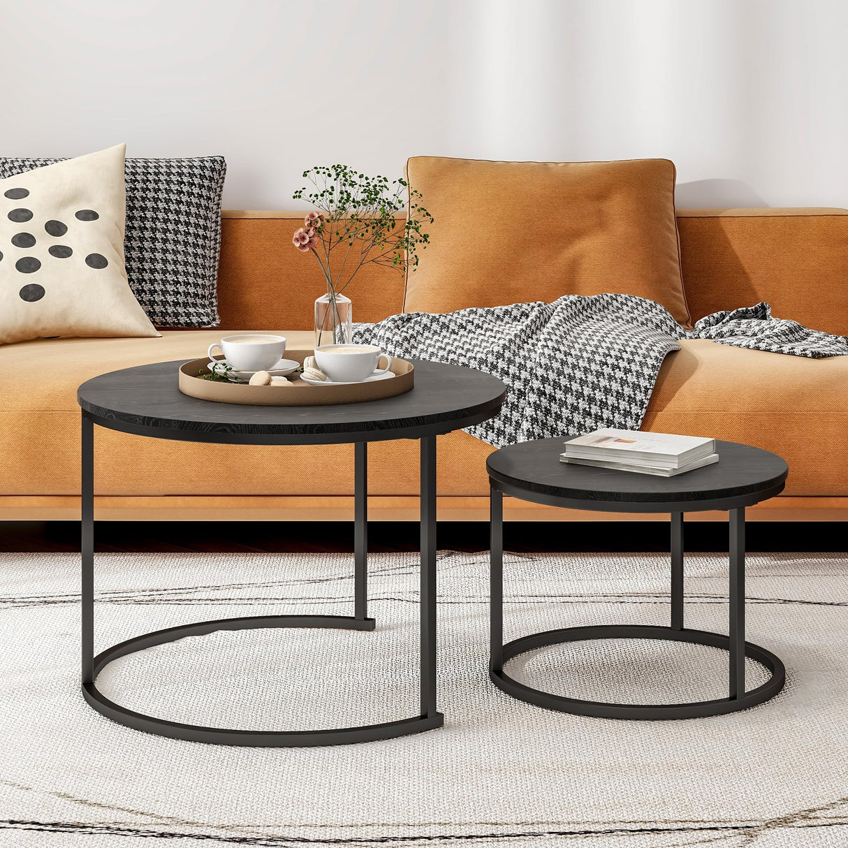 HOJINLINERO Round Coffee Table Set of 2 End Tables for Living Room,Black Coffee Table Nesting Tables,Living Room Table Wooden Accent Furniture Metal Frame,Sturdy Stacking Side Tables,Easy Assembly HOJINLINERO