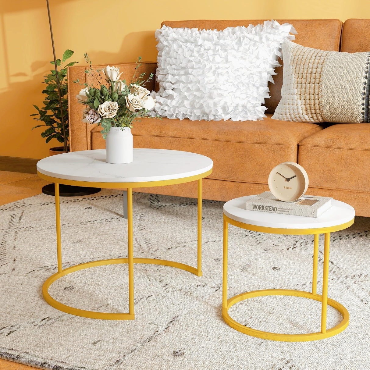 Round Nesting Coffee Tables Set: White Gold Marble Nesting Coffee Table Set of 2 - Modern Metal Stacking Side Table for Living Room Small Spaces Paradmas