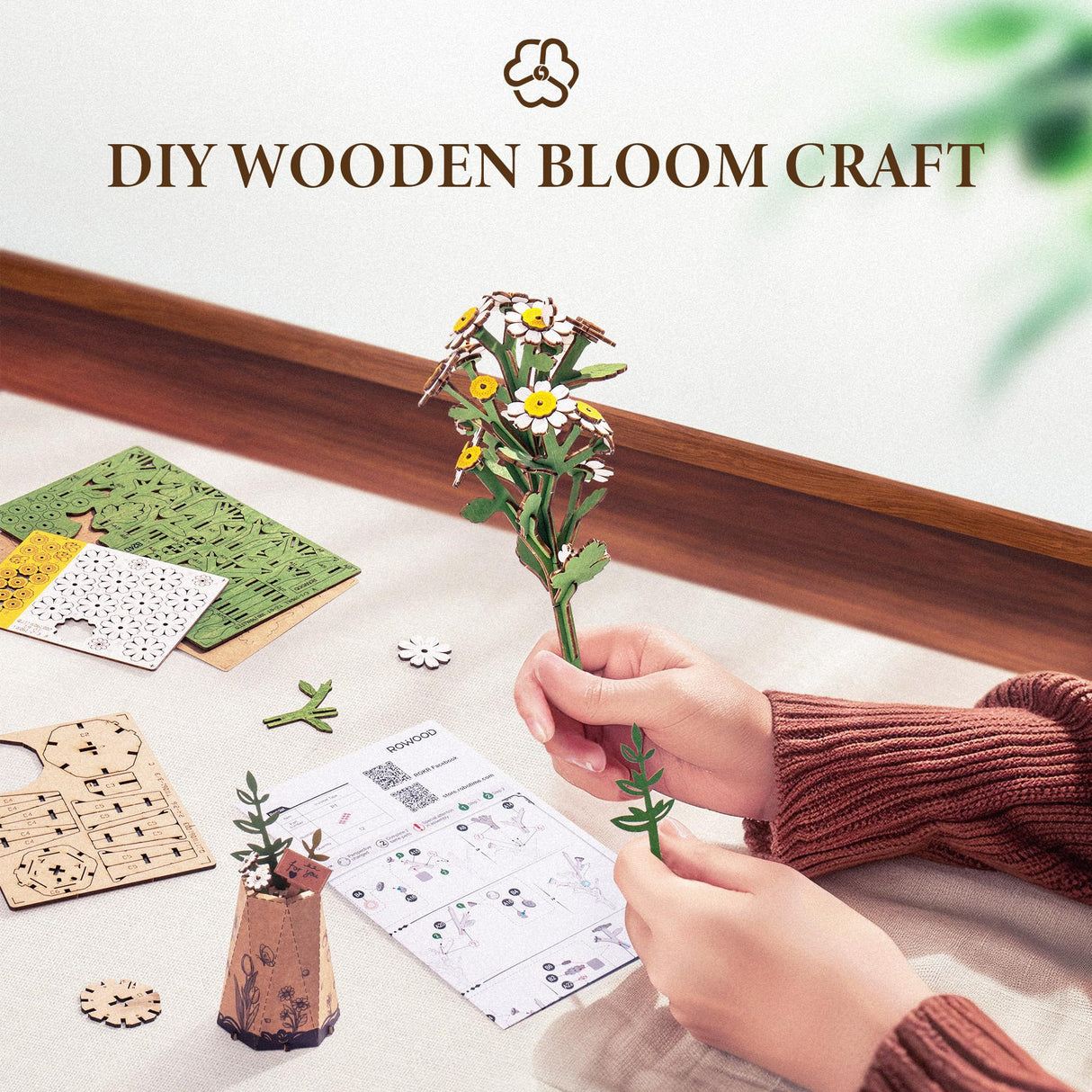 ROBOTIME 3D Puzzles Wooden Artifical Flower Chamomile DIY Model Building Kit to Build for Adults Bouquet Botanical Collection Craft Brain Teaser Puzzle Creative Gift Home Decor ROBOTIME