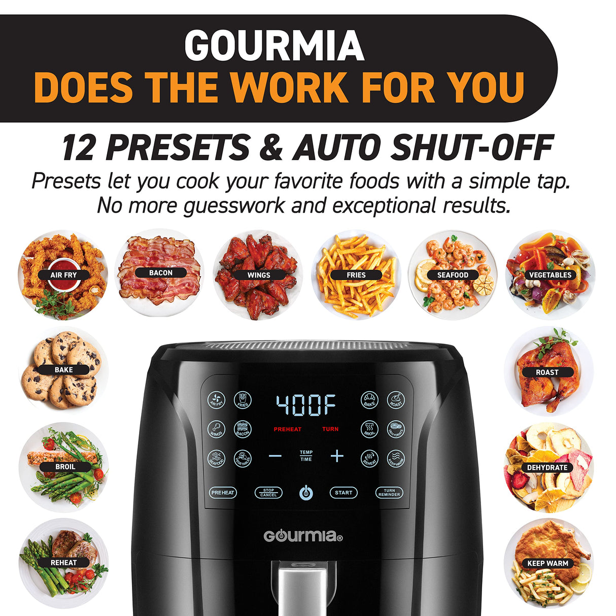 Gourmia Air Fryer Oven Digital Display 6 Quart Large AirFryer Cooker 12 1-Touch Cooking Presets, XL Air Fryer Basket 1500w Power Multifunction Black and Stainless Steel Accents FRY FORCE GAF686 Gourmia