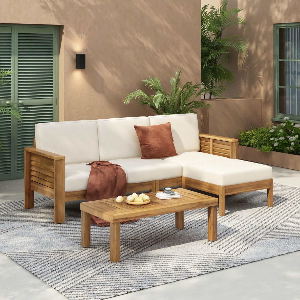 Christopher Knight Home Havets 3 Pieces Outdoor Acacia Furniture Set, Slat Panel Couch, Spacious Seating Armchair, 6" Thick Cushions Sofa and Coffee Table Set for Backyard Garden Balcony, Teak+Beige Christopher Knight Home