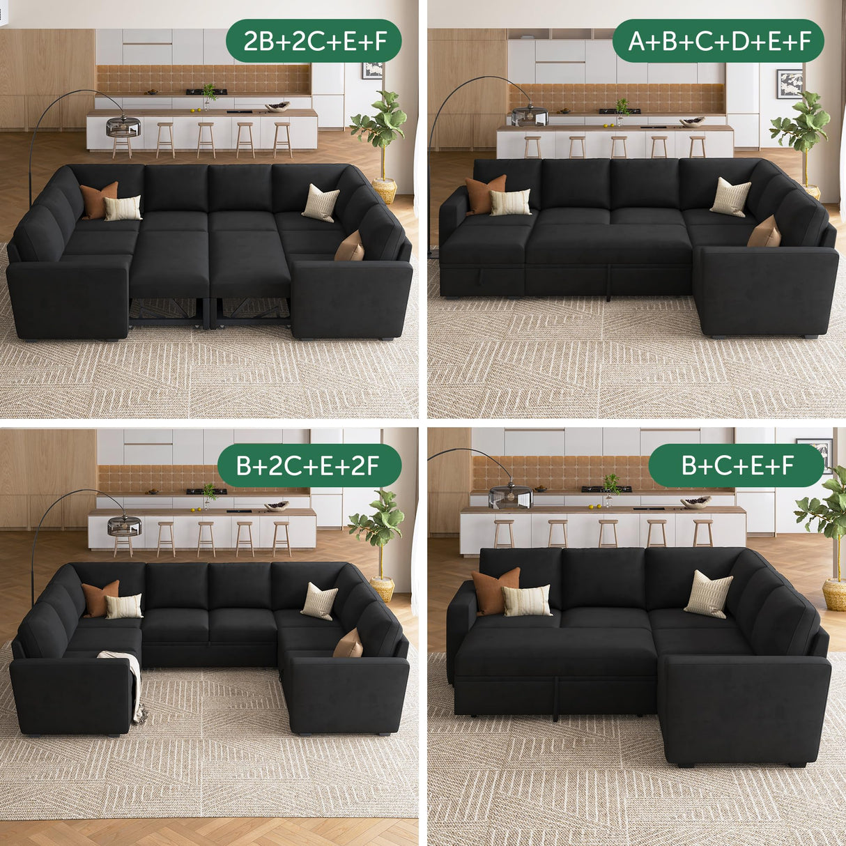 HONBAY Storage Loveseat for Modular Sleeper Sofa with Pull Out Bed, Double Seat with Storage for Couch Bed, Velvet Black HONBAY