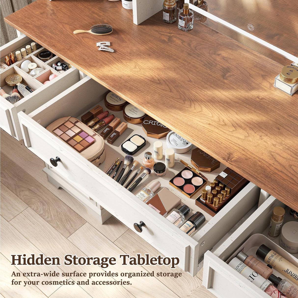 EnHomee Vanity Desk with Mirror and Lights, 43" White Makeup Vanity Desk with 5 Drawers & 2 RGB Glass Cabinets, Adjustable 3 LED Lights for Bedroom, Farmhouse Dressing Table for Women EnHomee