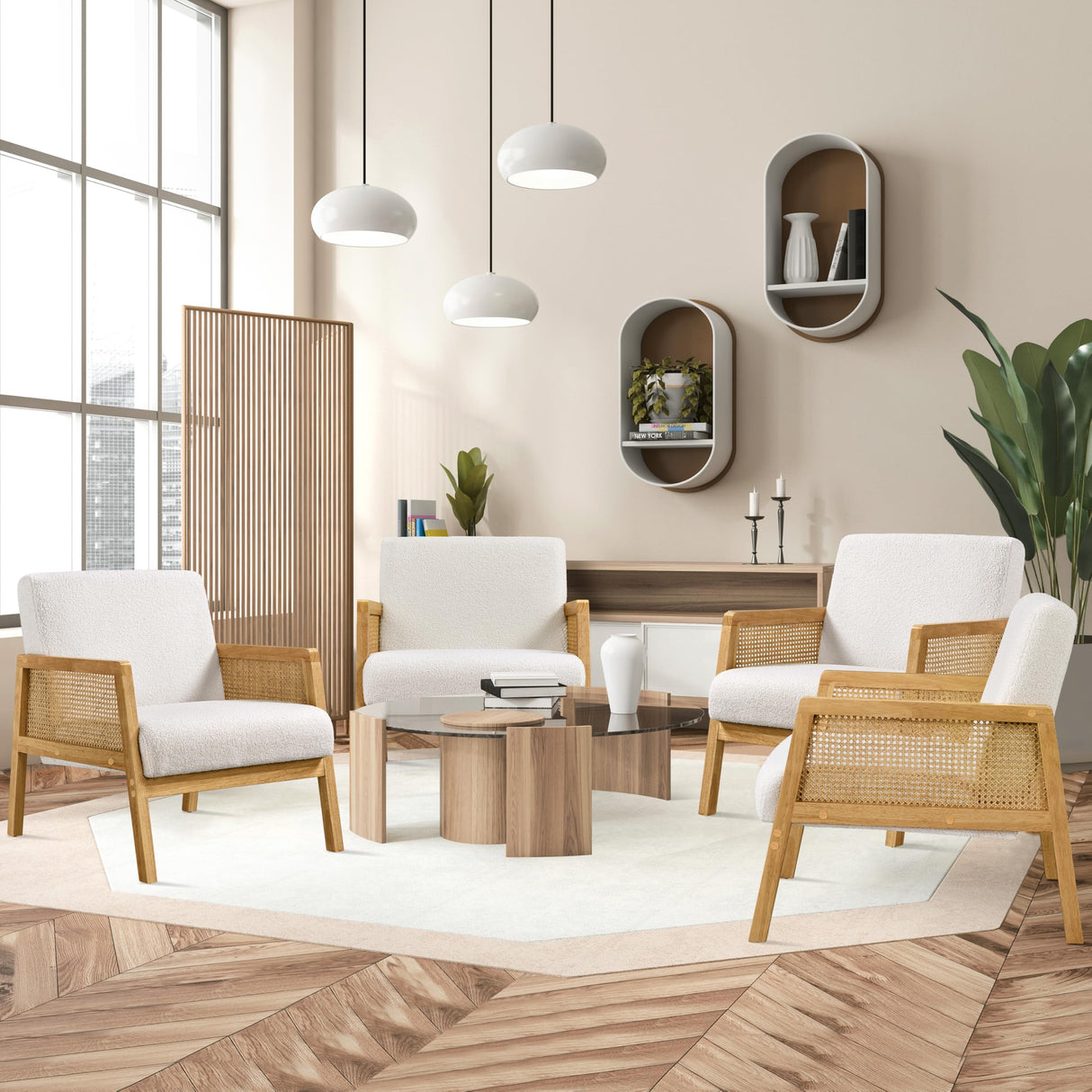 Yaheetech Boucle Fabric Accent Chair, Vintage Rattan Vanity Chair with Wood Armrest and Legs for Living Room Bedroom Makeup Room, Ivory, 2 pcs Yaheetech