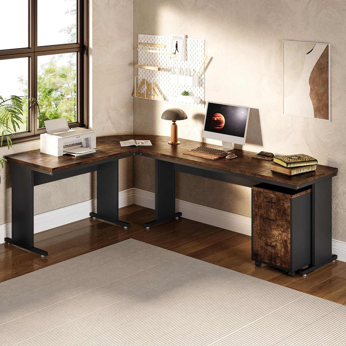 LITTLE TREE 83 Inch L-Shaped Office Desk with Drawers, Large Executive Office Desk with Storage, Wooden Computer Desk with File Cabinet, Modern Work Desk for Home Office, Brown LITTLE TREE