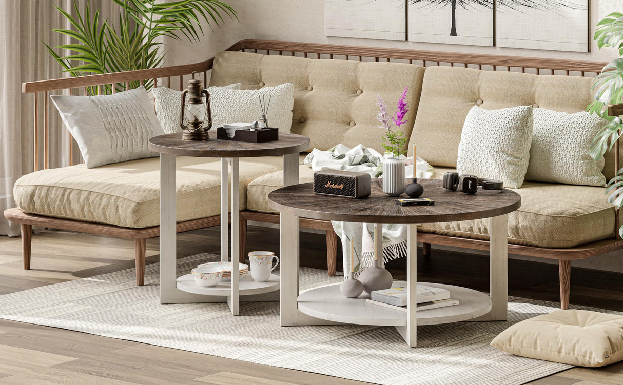 Round Wood End Table with Storage, Farmhouse Rustic Accent Table with Distressed Wood Top, Circle Table for Living Room, Brown COZAYH