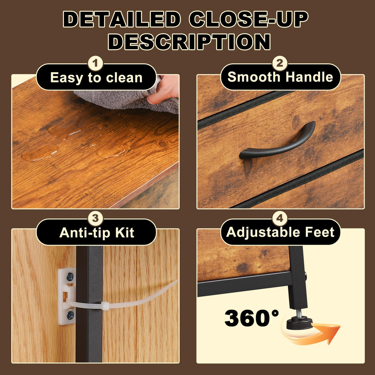 EKNKOZY Dresser TV Stand with 8 Drawers, Dresser TV Stand with LED Lights & Power Outlets, Bedroom Dresser, Chest of Drawers for 55'' Long TV, Wide Fabric Dresser (Rustic Brown) EKNKOZY