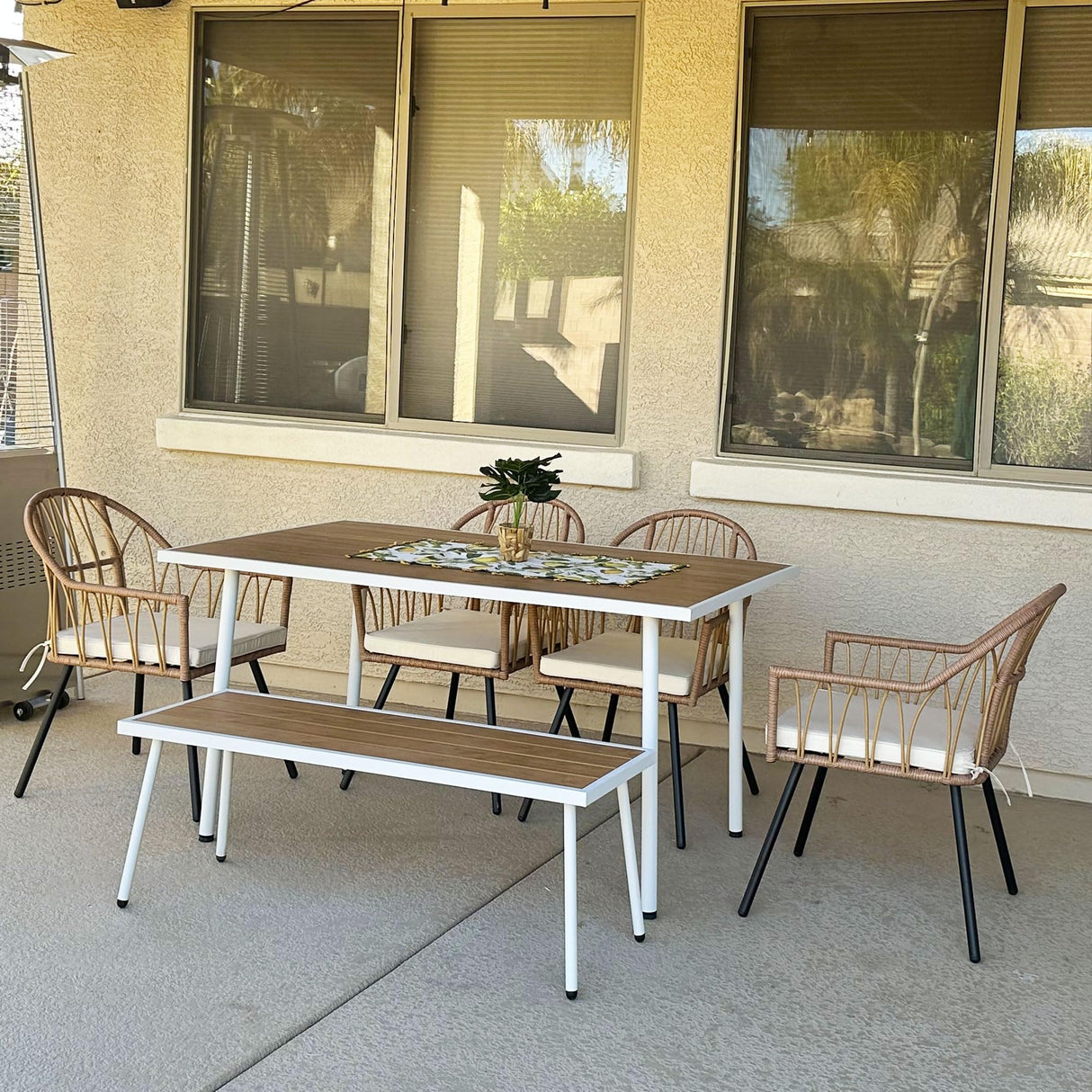 YITAHOME 6 Pieces Outdoor Patio Dining Set, Rattan Wicker Patio Dining Chair & Table & Bench Set for 6 People, Sectional Conversation Set with Umbrella Hole for Patios, Backyard, Balcony, Garden, Lawn YITAHOME