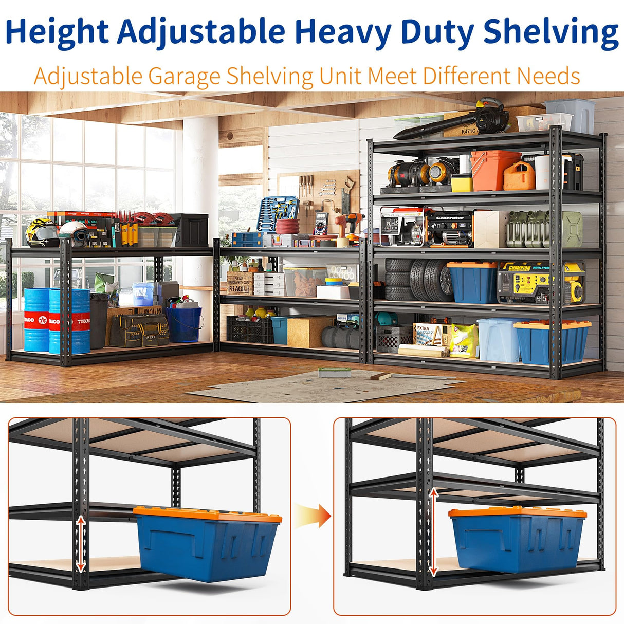 REIBII 48" W Garage Shelving, 3000LBS Storage Shelves Heavy Duty Shelving, 72" H Adjustable Metal Shelves for 5 Tier Garage Shelves Storage Rack Sturdy Industrial Shelving Unit, 72" H x 48" W x 18" D REIBII