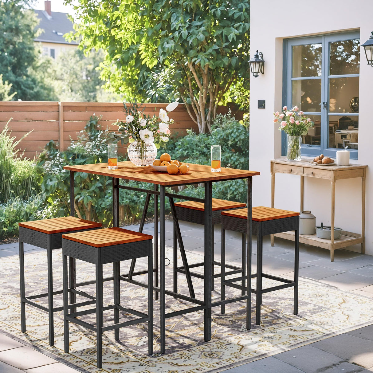 Devoko Patio Bar Set 5 Pieces Acacia Wood Patio High Top Bar Table and Stools Chairs Set Foldable Outdoor Bar Stools Set of 2 for Garden, Balcony Devoko