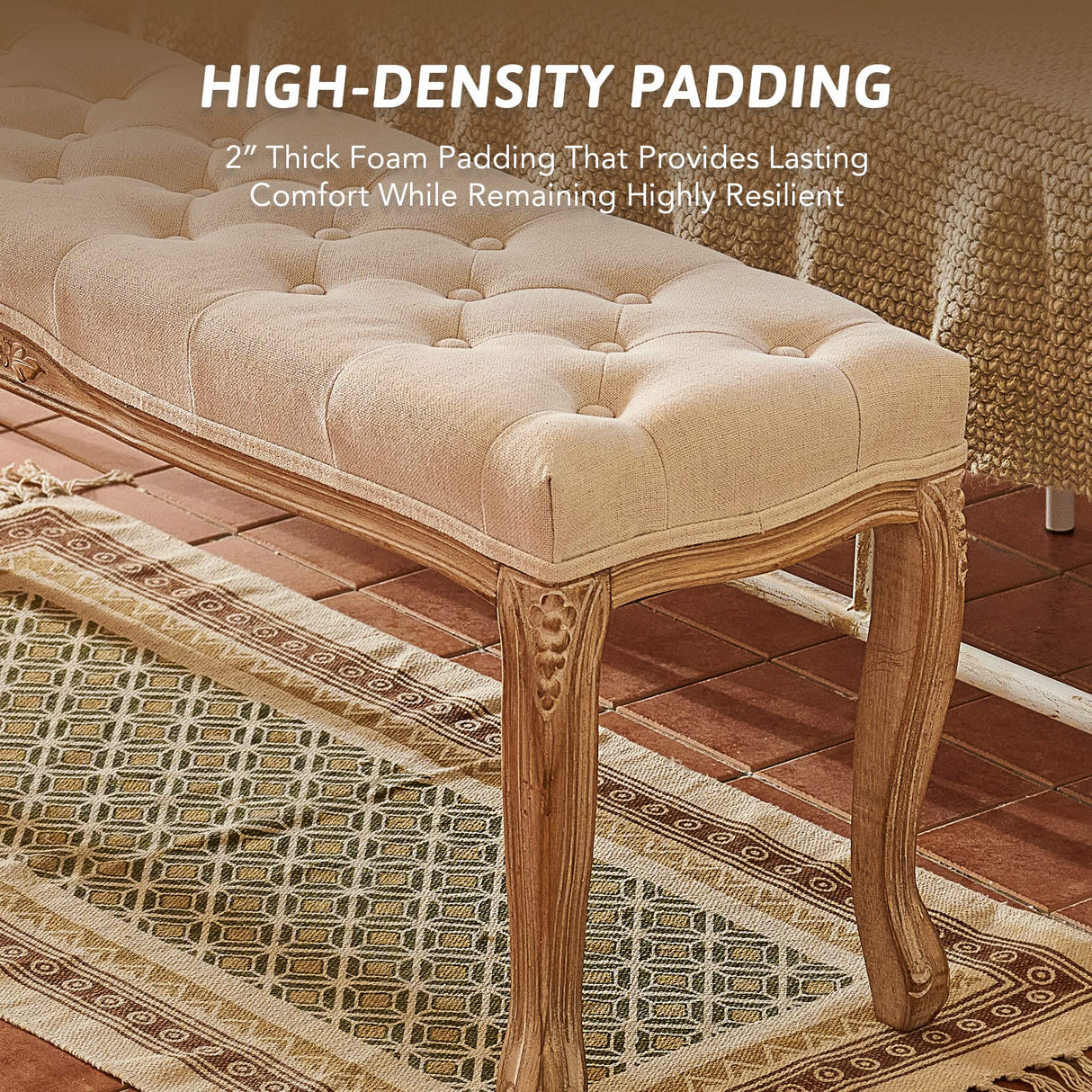 VONLUCE Vintage Bench with Padded Seat & Rubberwood Legs, 44" Memory Foam Upholstered Entryway Bench, Tufted Fabric End of Bed Bench for Bedroom and Living Room, French Style, Beige VONLUCE