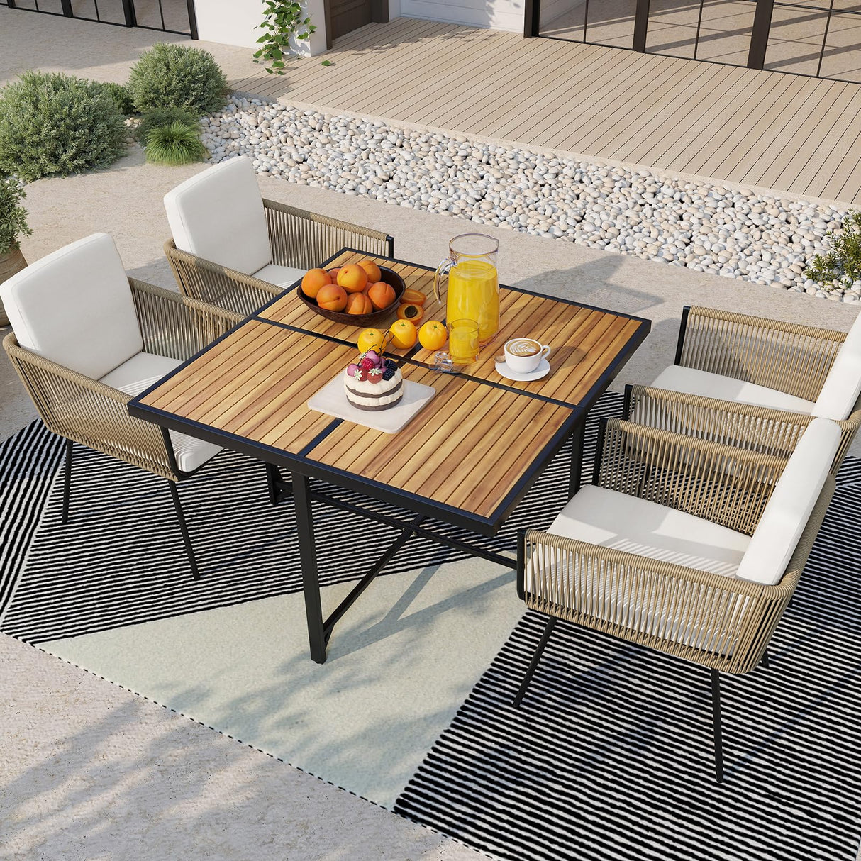 Tangkula 5 Pieces Patio Dining Set, Outdoor Square Table and Chairs with Acacia Wood Tabletop, PE Wicker Armrests and Cushions, Outdoor Patio Furniture Set for Garden, Backyard and Poolside Tangkula