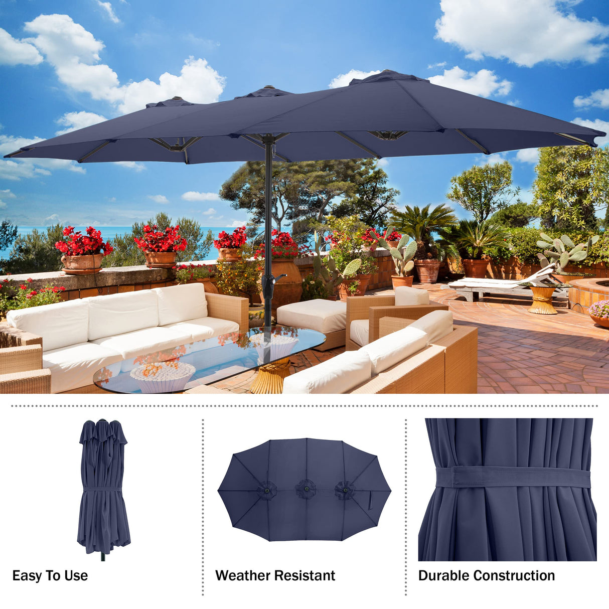 Pure Garden 50-LG1284 15' Double Sided Market Umbrella, Navy Blue Pure Garden