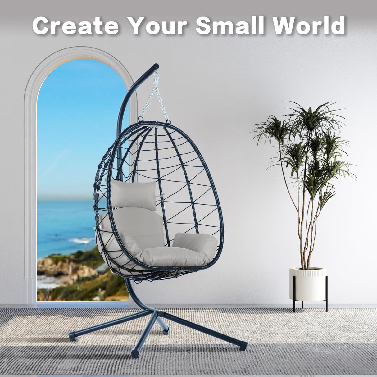 Ziraukon Hanging Egg Chair with Stand Indoor Outdoor, Patio Hammock Egg Swing Chair with Cushion 350 lbs for Patio, Porch, Backyard, Balcony, Poolside, Garden, Black Ziraukon