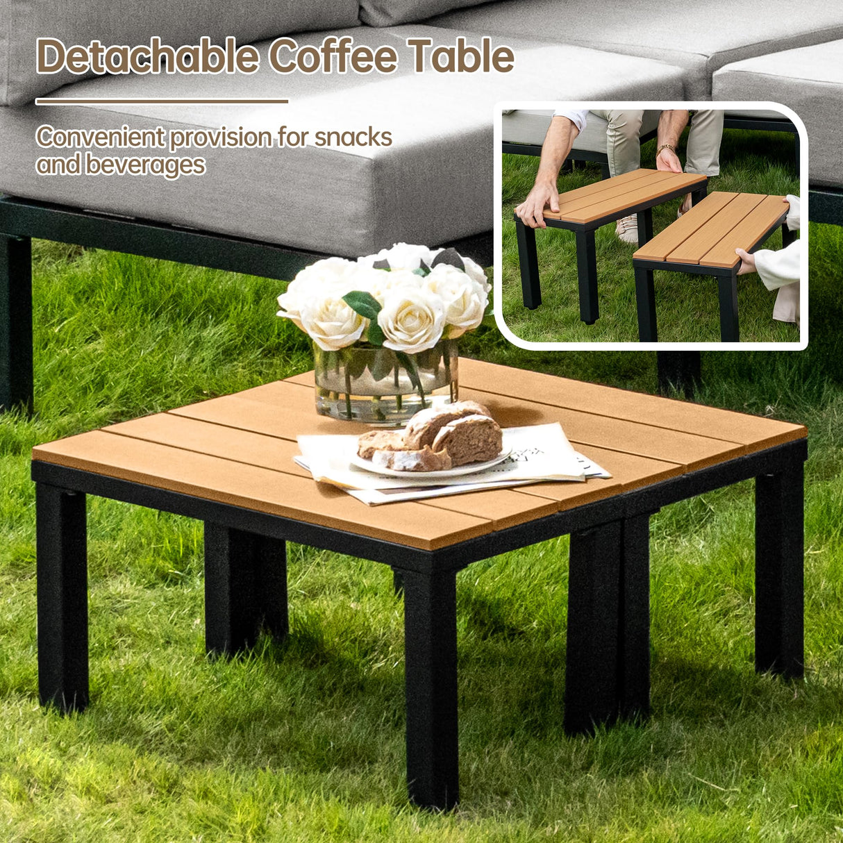 PIZZELLO 8 Piece Patio Furniture Sets, All-Weather Metal Outdoor Couch Sectional Set, Outdoor Conversation Set for Garden, Patio Sofa with 6" Thick Cushions and 2 Coffee Tables, Beige PIZZELLO