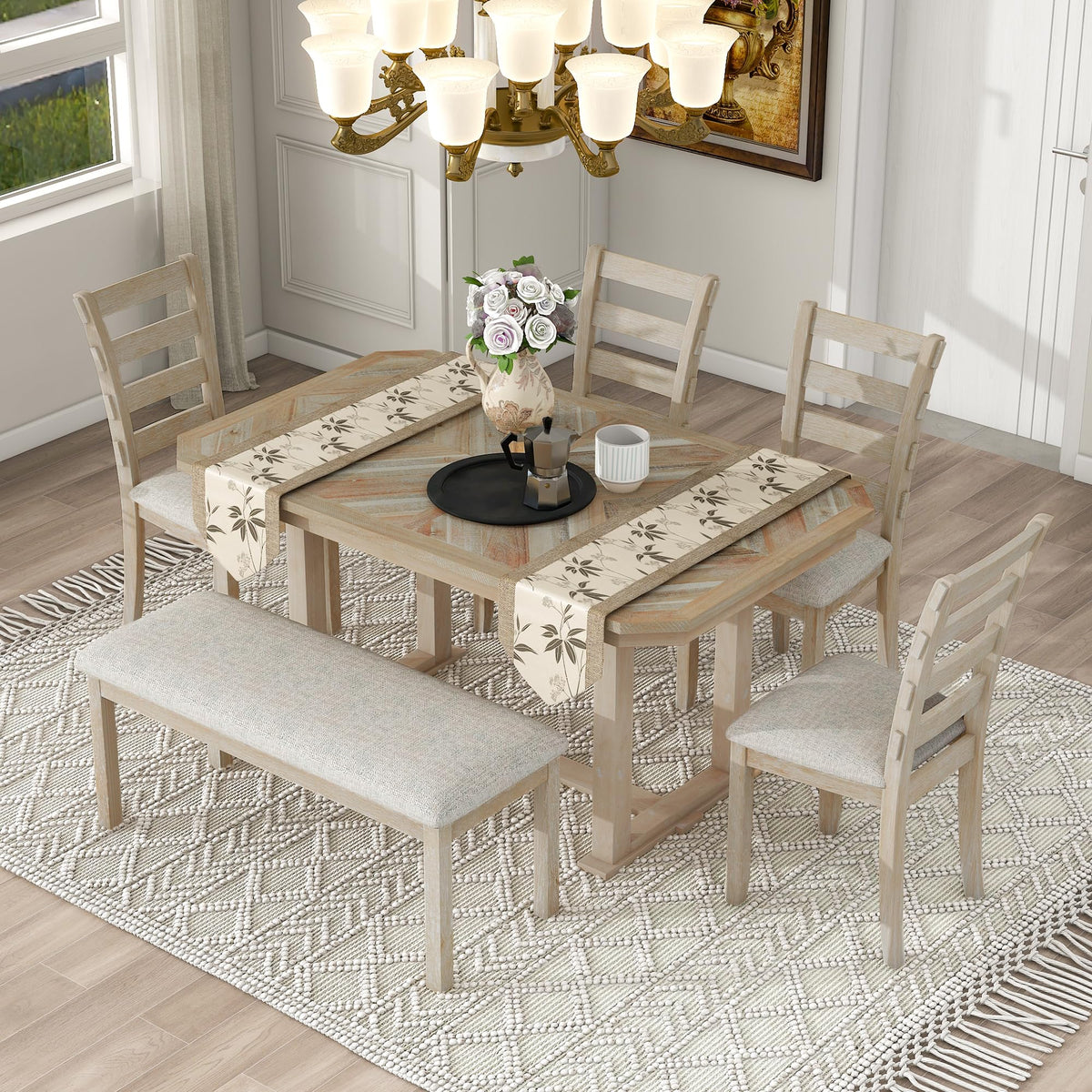 LUMISOL 6-Piece Farmhouse Dining Table Set, Solid Wood Kitchen Table S ...