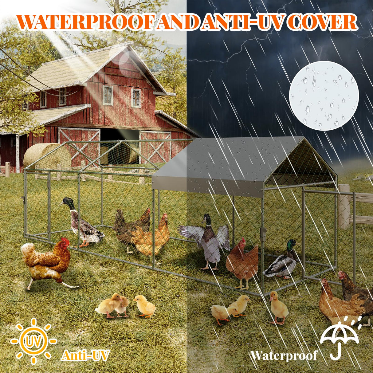 Large Metal Chicken Coop, 120" x 40" x 40" Chicken Run with Cover, Outdoor Walk in Poultry Cage, Metal Chicken Coop for Yard Farm Duck Rabbit Hen, Silver Hipicute