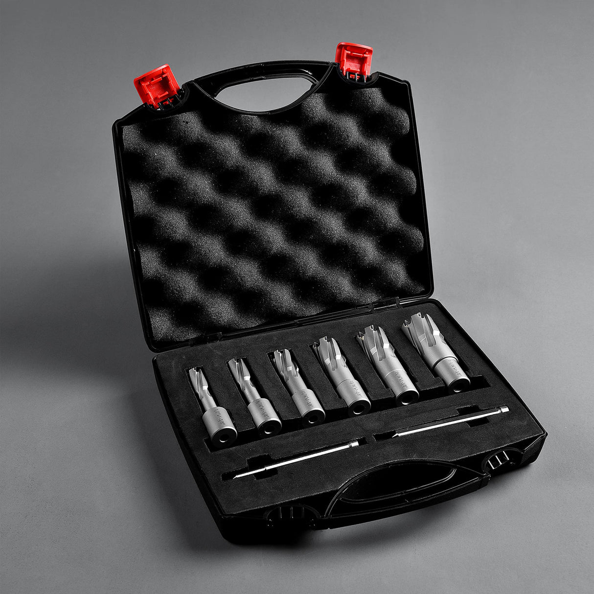 Annular Cutter Set Carbide 8pcs JESTUOUS 3/4 Inch Weldon Shank 1-3/8 Cutting Depth and Cutting Diameter from 1/2 to 1-1/16 Two Flat TCT Bit for Drill Press with 2 Pilot Pins JESTUOUS