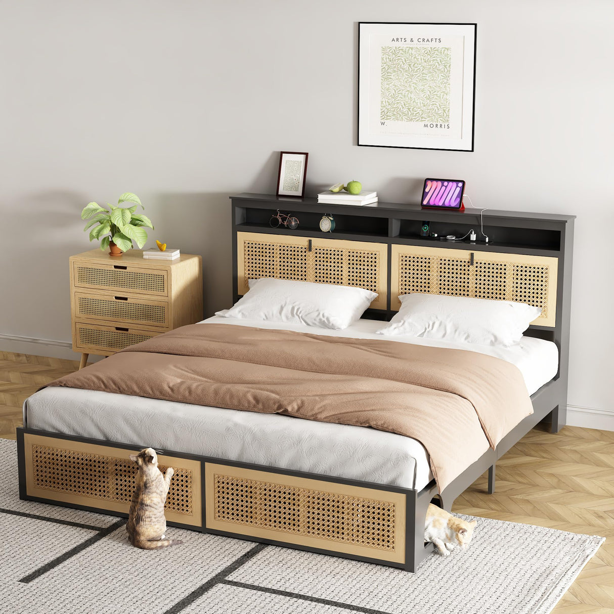 affeivul Boho Bed Frame Queen Size with Headboard, Rattan Bed Frame with Led Lights, Farmhouse Bed Frame with Storage, Charging Station and Cat Cabinet, NO Box Spring Needed, Metal and Wood Combine affeivul