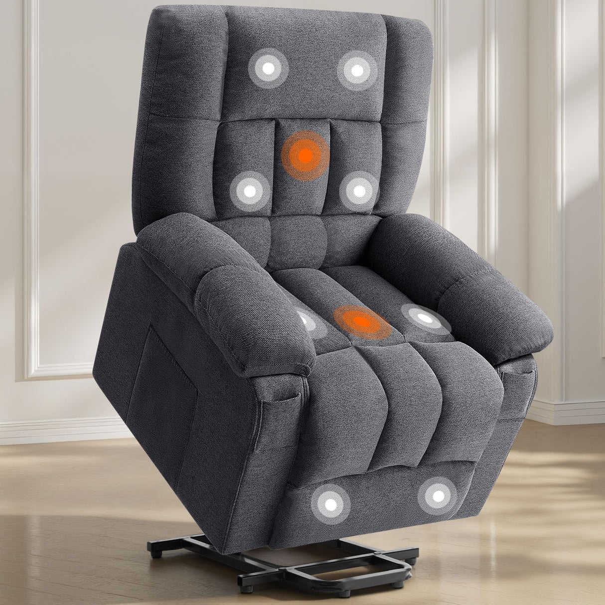 Sweetcrispy Power Lift Recliner Chair with Vibration Massage and Heat for Adults, Ergonomic Overstuffed Breathable Fabric Reclining Chair with Side Pockets, Remote Control, Living Room, Bedroom, Grey Sweetcrispy