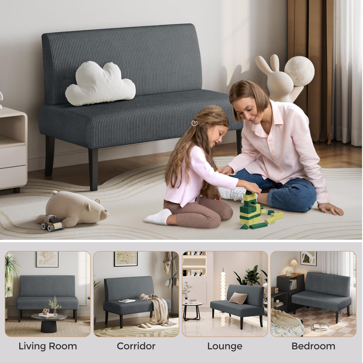Yaheetech Small Mini Sofa Couch Armless Loveseat Futon for Bedroom, Corduroy Fabric & Easy Assembly, for Small Spaces Living Room,Dorm,Office,Apartment, Dark Grey Yaheetech