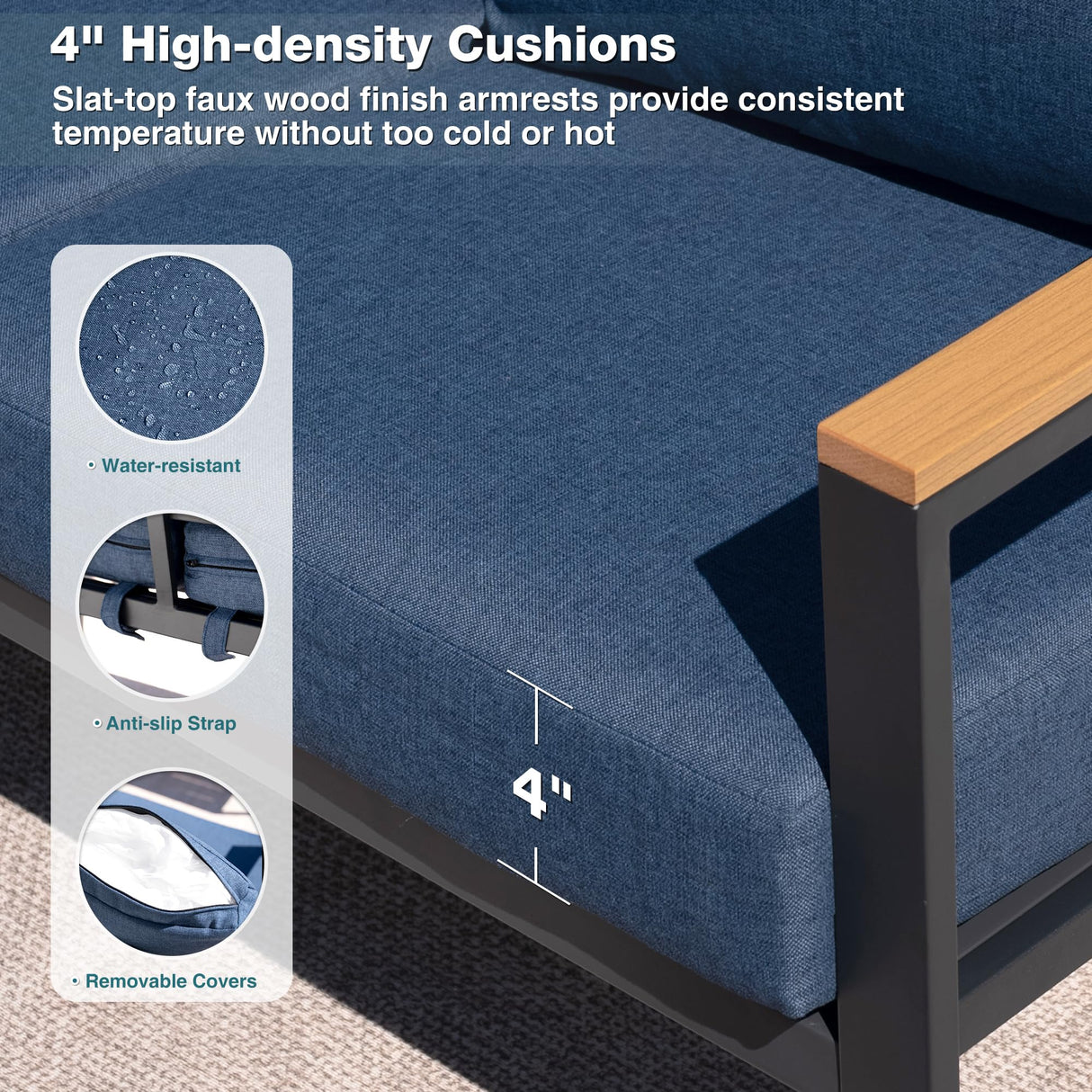 COMLAX FIELD Patio Furniture Set, 4 Pieces Outdoor Patio Furniture with Coffee Table Set, Metal Patio Conversation Sets with Washable and High-Resiliency Sponge Cushions, Upgrade Blue COMLAX FIELD