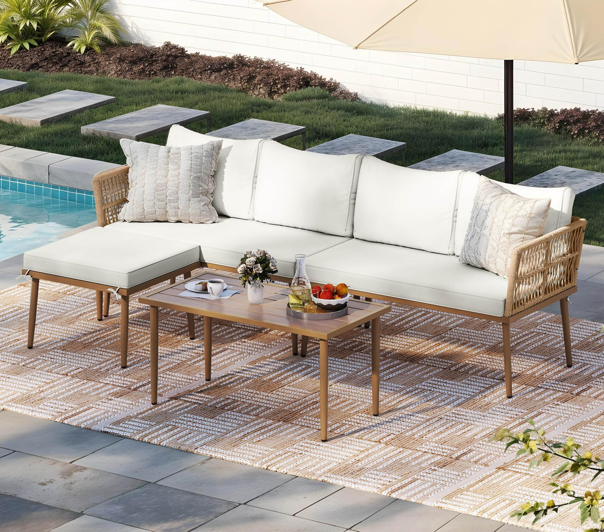 DWVO 6 Pieces Patio Furniture Set, L Couch Outdoor with Coffee Table&Washable Cushions, Outdoor Patio Sectional Wicker Rattan Conversation Sectional Set for Garden Yard Pool Beige DWVO