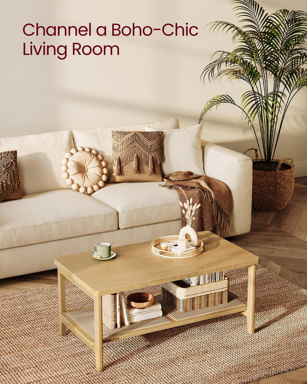 VASAGLE 2-Tier Coffee Table for Living Room, Living Room Table Rectangular Center Table, with PVC Rattan Storage Shelf, Rounded Corners, Easy Assembly, Boho Style, Oak Beige ULCT240Y57 VASAGLE