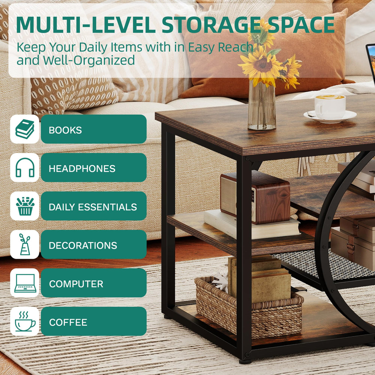 YITAHOME Rustic Coffee Table with Storage 5 Tier Center Living Room Table, 47" Farmhouse Wood Rectangle Cocktail Tea Table, Modern Industrial Accent Table w/Arched Metal Frame for Home Decor, Brown