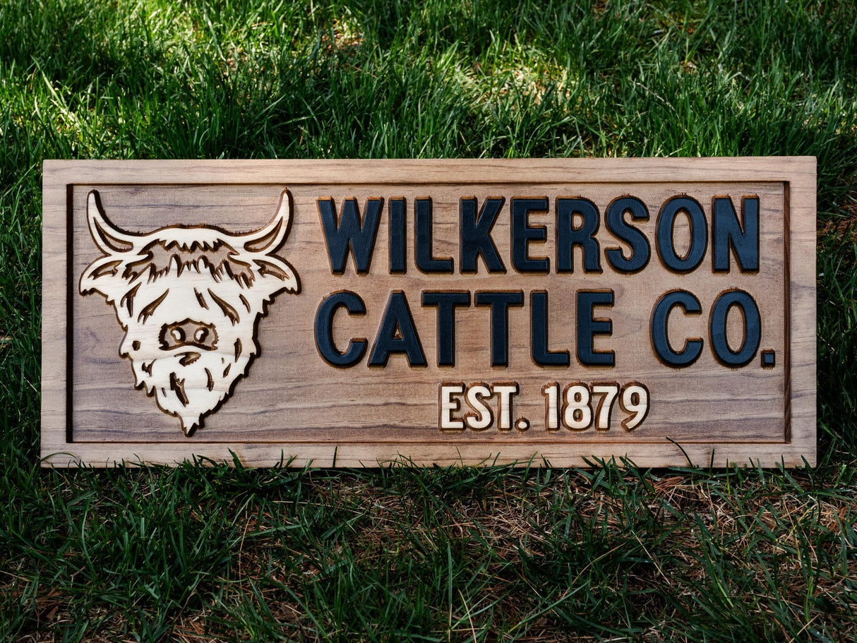 Personalized Wood Farmhouse Sign Highland Cattle Wooden Farmhouse Decor Cow Custom Carved Farm Sign Wall Family Name Sign Couple Established 3D Woodworker