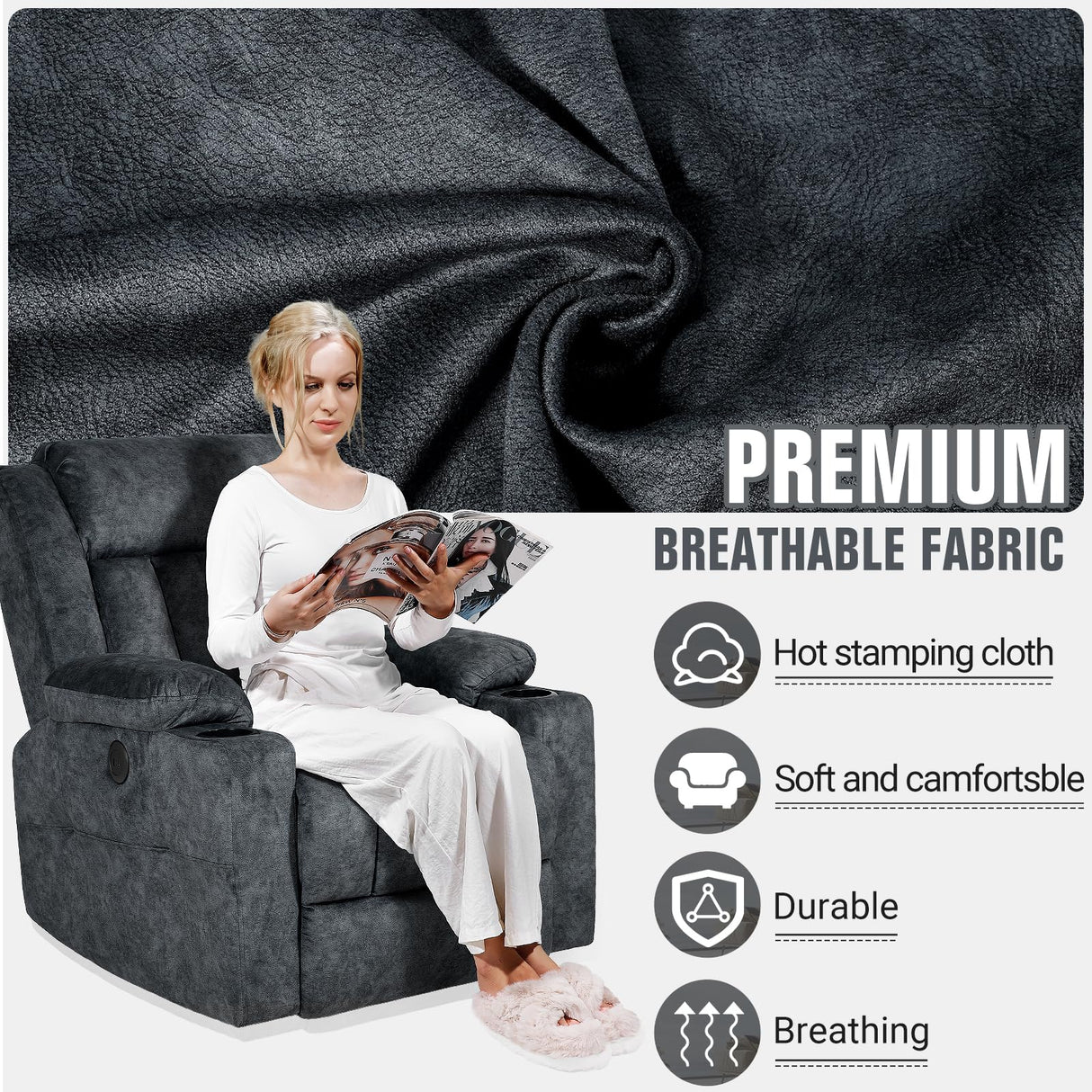 LAFWELL Retro Rocking Recliner Chair, Massage Rocker Recliner Chair with Vibration Massage and Heat, USB and Type-C Ports,360° Swivel Chairs,Living Room, Bedroom, Nursery, RV, Dark Grey LAFWELL