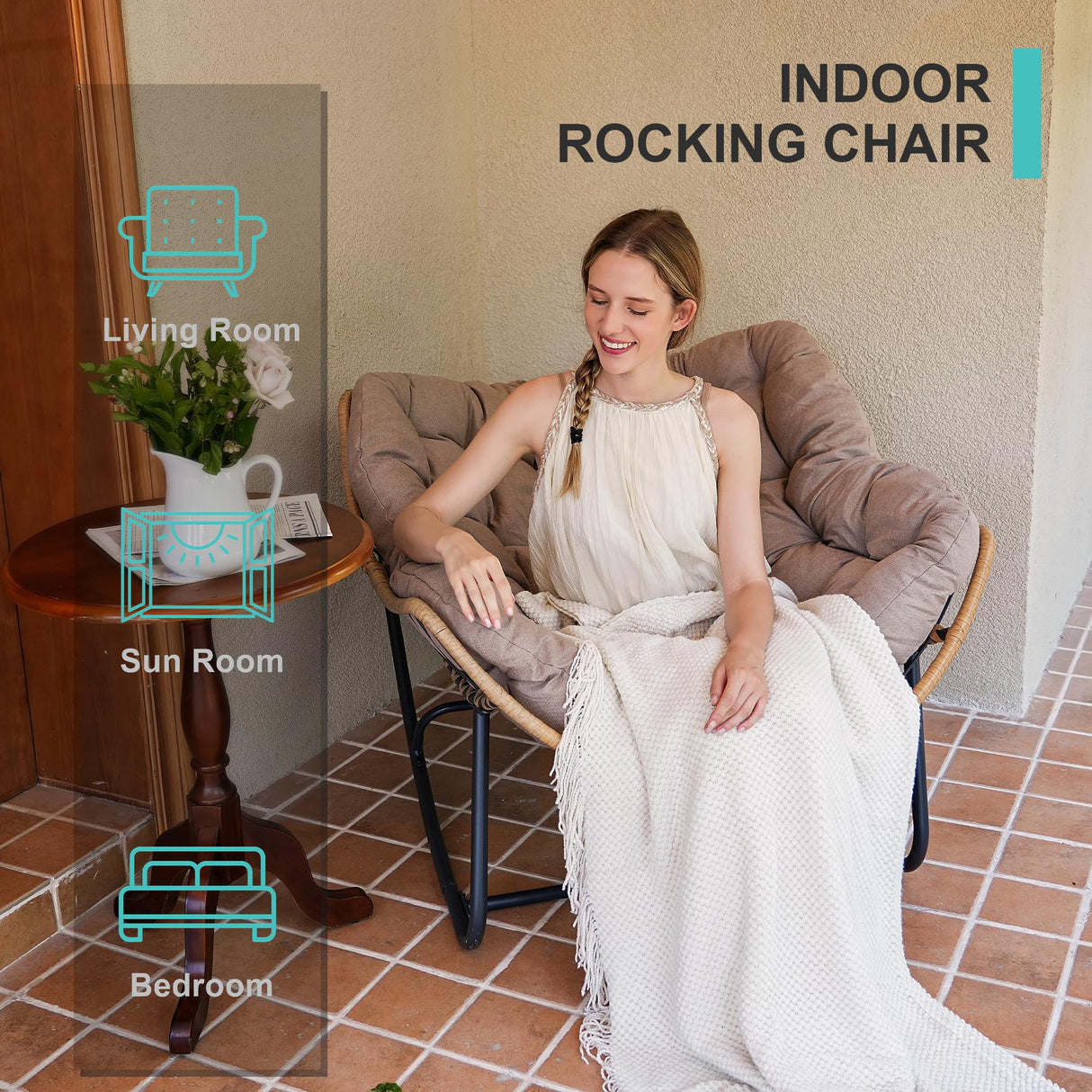 SWITTE Outdoor Rocking Chair, Patio Egg Rocking Chair, Indoor Papasan Chair, Rattan Wicker Lounge Chair, Modern Royal Chair for Bedroom, Living Room, Porch, Garden, Lawn-Beige SWITTE