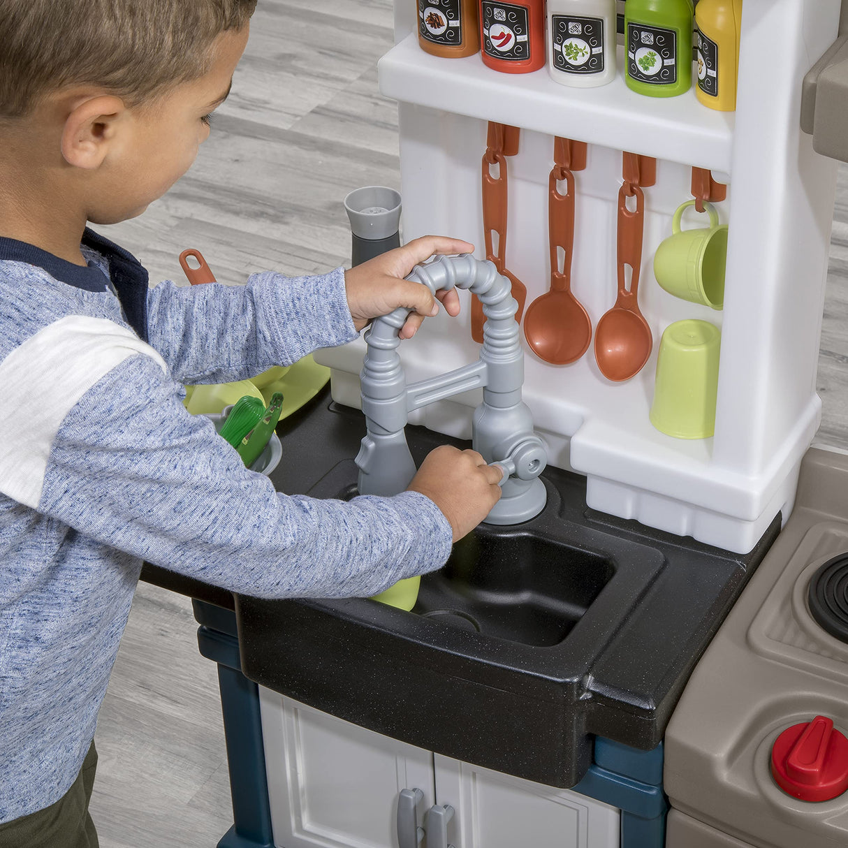 Step2 Modern Metro Kids Kitchen Playset, Indoor/Outdoor Kitchenette, Interactive Play with Lights and Sounds, Made of Durable Plastic, Includes 33 Piece Toy Accessories, For Toddlers 2+ Years Old Step2