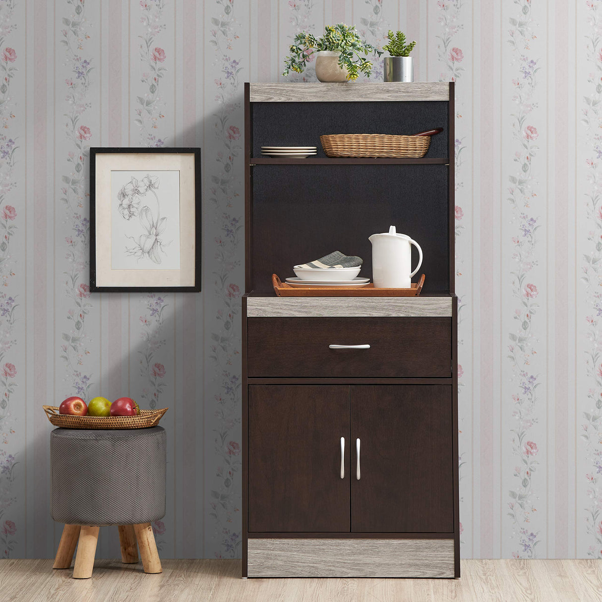 Hodedah 54"" Tall Open Shelves, 1-Drawer and Bottom Enclosed Storage, Chocolate-Grey Kitchen Cabinet Hodedah