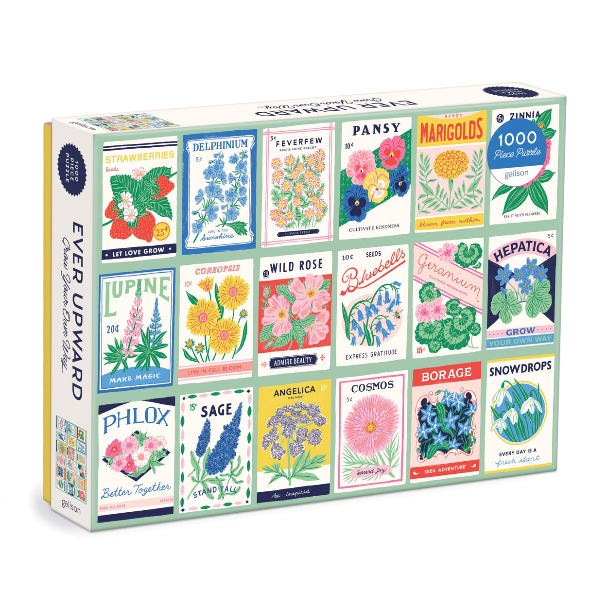 Galison Ever Upward – 1000 Piece Puzzle Fun and Challenging Activity with Bright and Bold Artwork of Vintage Style Flower Seed Packets for Adults and Families Galison