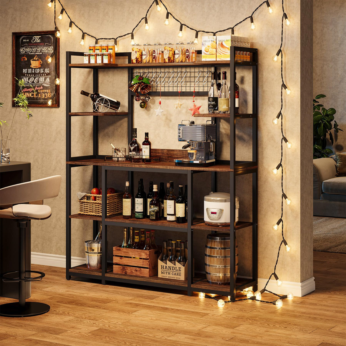 Tribesigns Kitchen Bakers Rack, 5-Tier Microwave Stand with Metal Frame, 55" Wide Kitchen Storage Shelf, Large Coffee Bar Station Baker's Rack with 11 Hooks, Rustic Brown Tribesigns