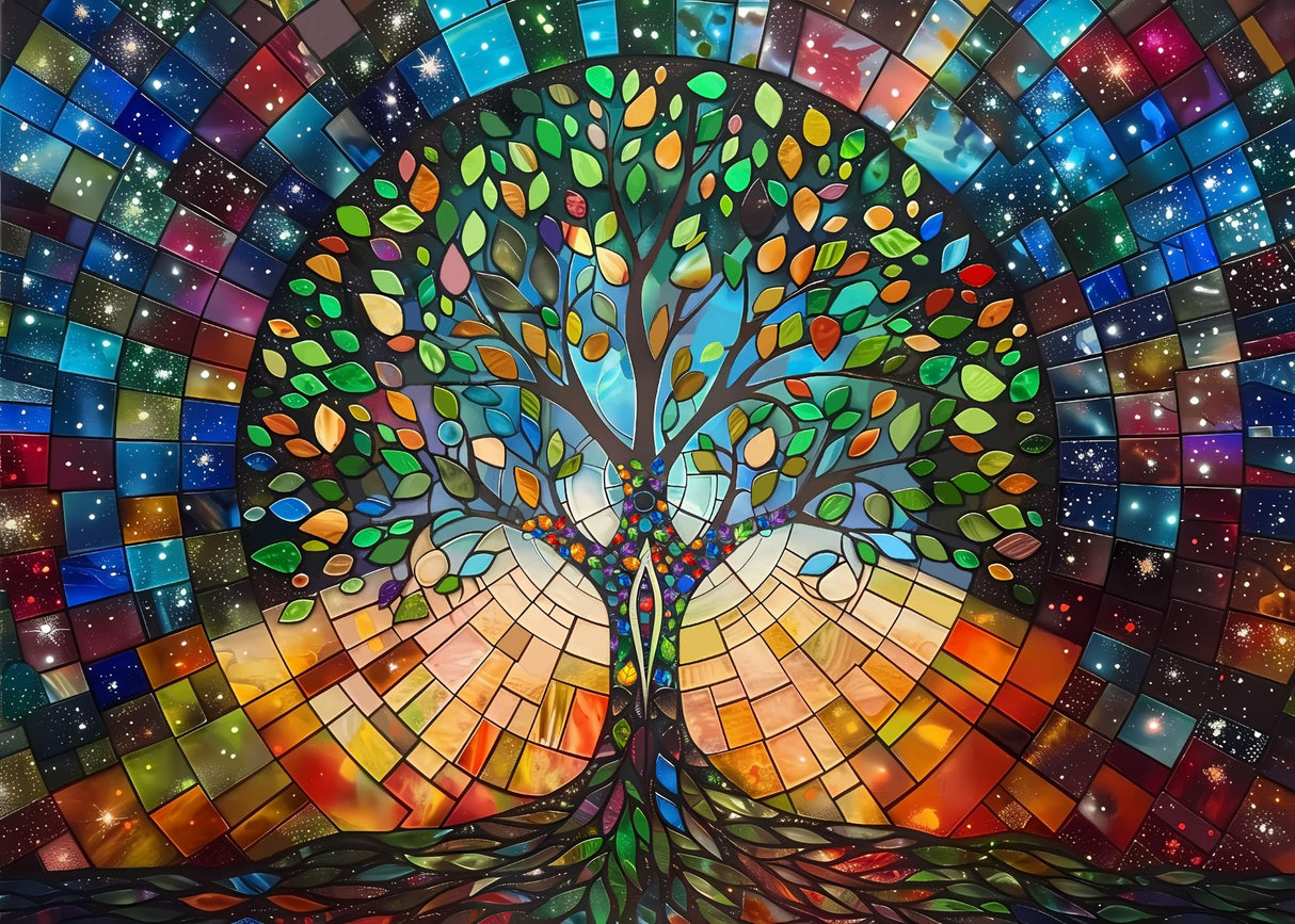 Stained Glass Tree of Life Puzzle 1000 Piece for Adults, Fantasy Galaxy Jigsaw Puzzles Art, Colorful Nature Leaf Puzzle BBOLDIN